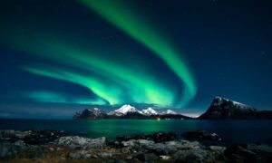 Northern lights caused by solar storm showing how space weather can disrupt GPS accuracy in an ALTA Land Title Survey