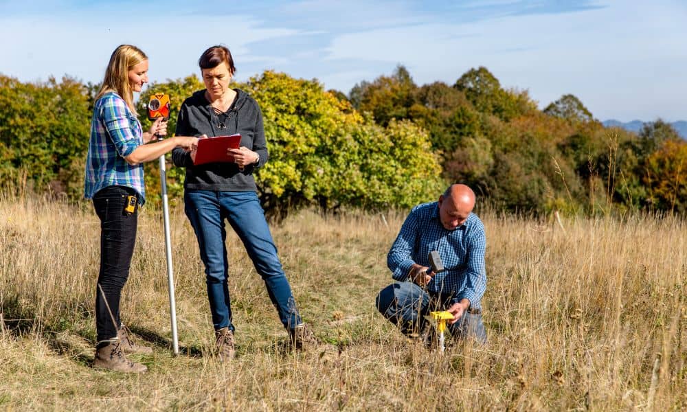Land surveyors conducting a boundary survey in an open field under bright sunlight, checking instruments and marking property points