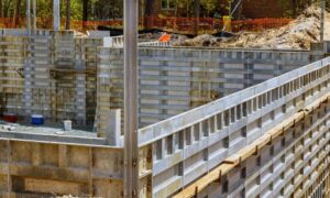 Concrete foundation with metal formwork and survey stakes from a construction staking survey at a quiet job site