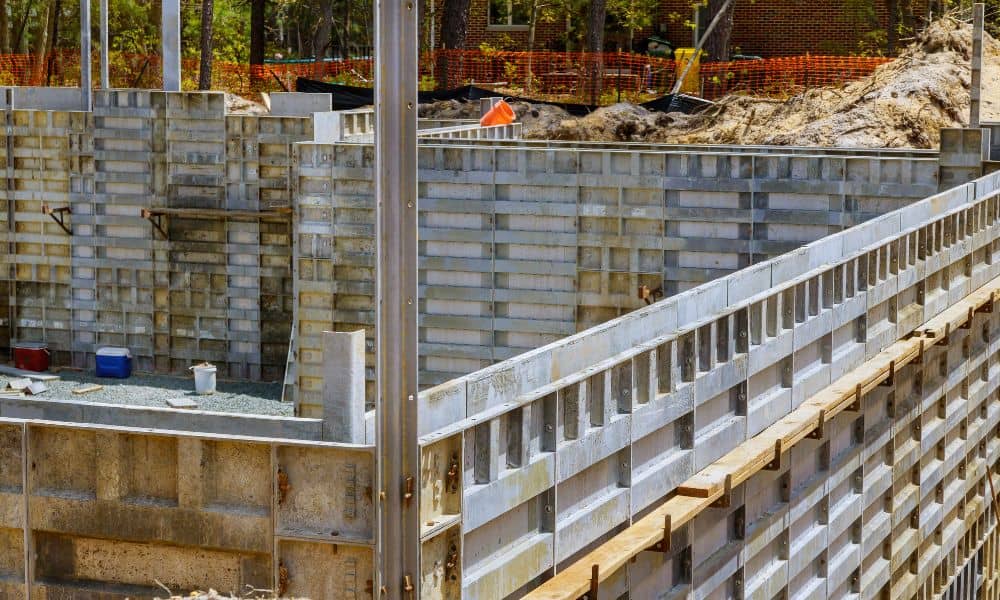 Concrete foundation with metal formwork and survey stakes from a construction staking survey at a quiet job site