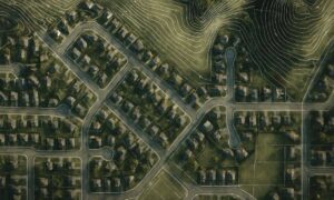 Aerial view of a neighborhood with contour lines that resemble the elevation details shown in a topo survey