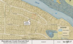 Preliminary flood hazard map showing property location near a river and flood zones for elevation certificate assessment
