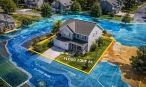 A residential home shown within a flood zone map overlay to explain when a fema elevation certificate is needed after flood zone changes