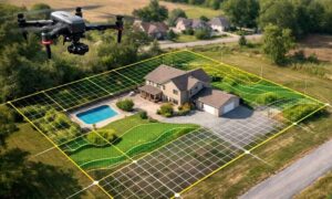 Drone surveying a residential property to verify current site conditions and map parcel features