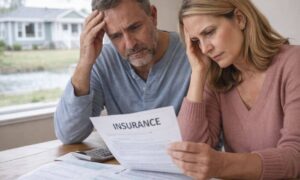 Homeowners reviewing an insurance bill at home before ordering an elevation survey