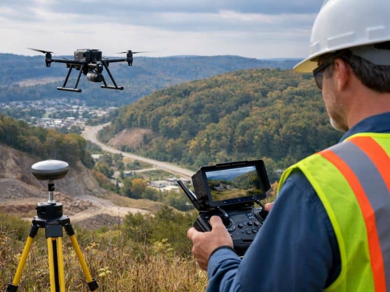 Surveyor using remote sensing technology to capture detailed terrain data in Bridgeport, WV for land planning and development
