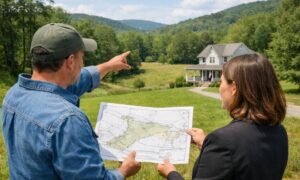 Buyer and real estate agent reviewing a property survey before making an offer on a rural home