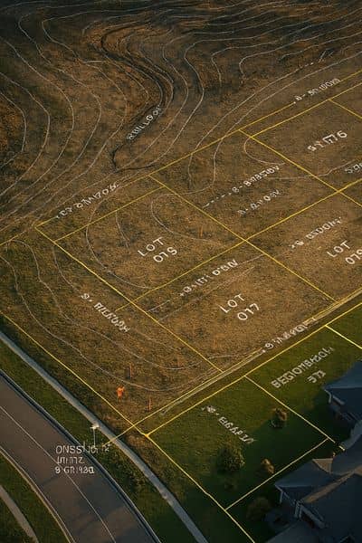 Aerial topographic map showing property boundaries and elevation lines generated through drone land surveying for construction planning