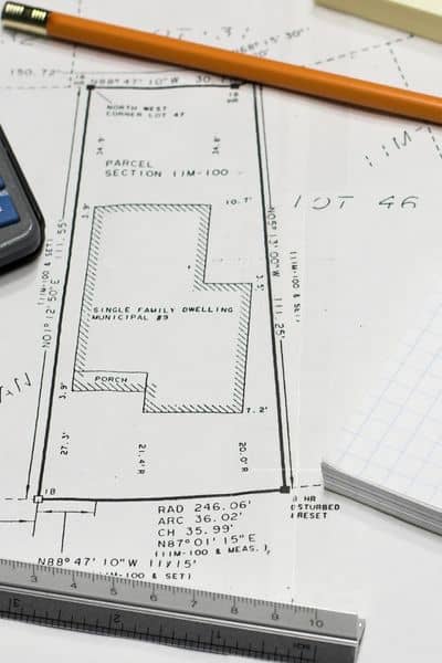 Survey plat and measurements reviewed during a due diligence survey to confirm boundaries before closing