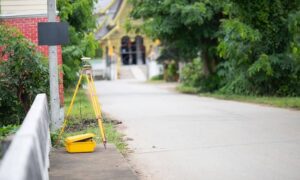 Survey tripod set up along a street to support a due diligence survey before a land purchase closes