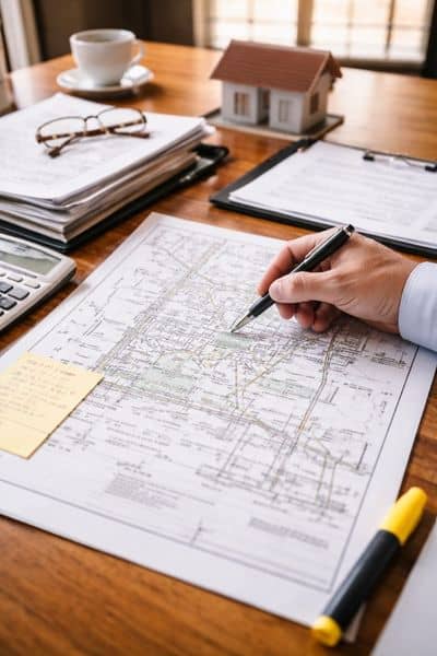 Survey plat and property documents reviewed during an ALTA Land Title Survey to support accurate closing decisions