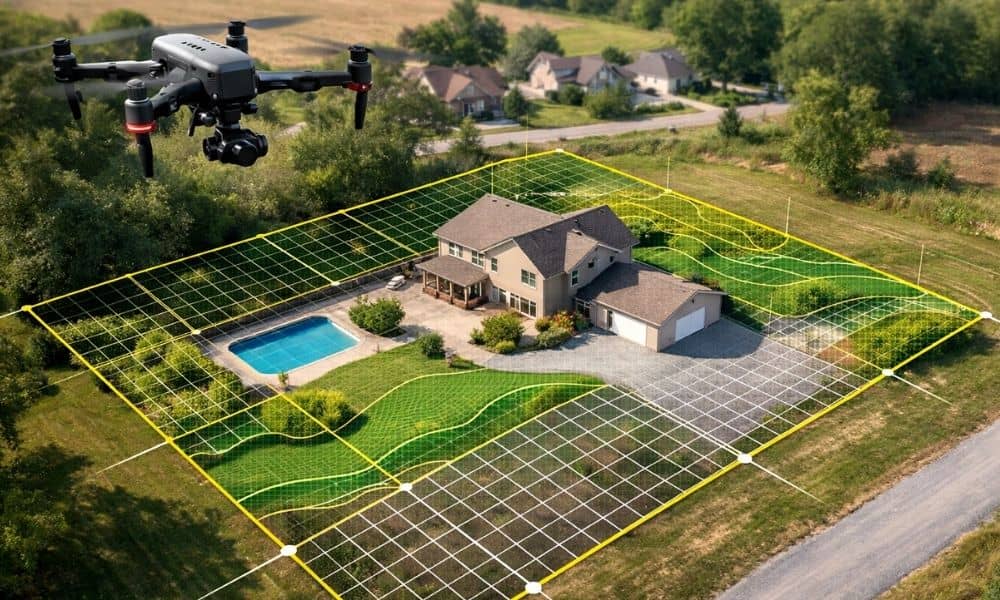 Drone surveying a residential property to verify current site conditions and map parcel features