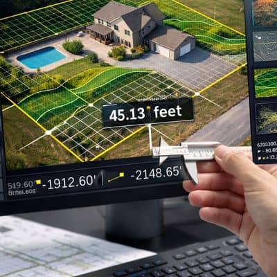 Surveyor reviewing mapped site output from drone surveying to verify property features and measurements