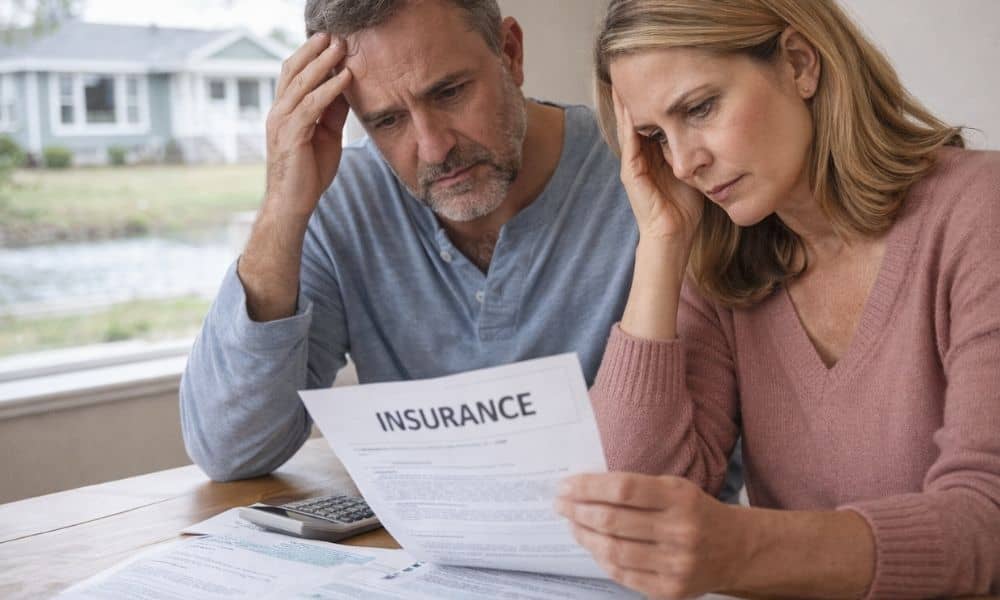 Homeowners reviewing an insurance bill at home before ordering an elevation survey