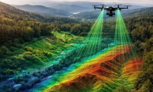 Drone capturing terrain data during lidar mapping to create a detailed land surface model