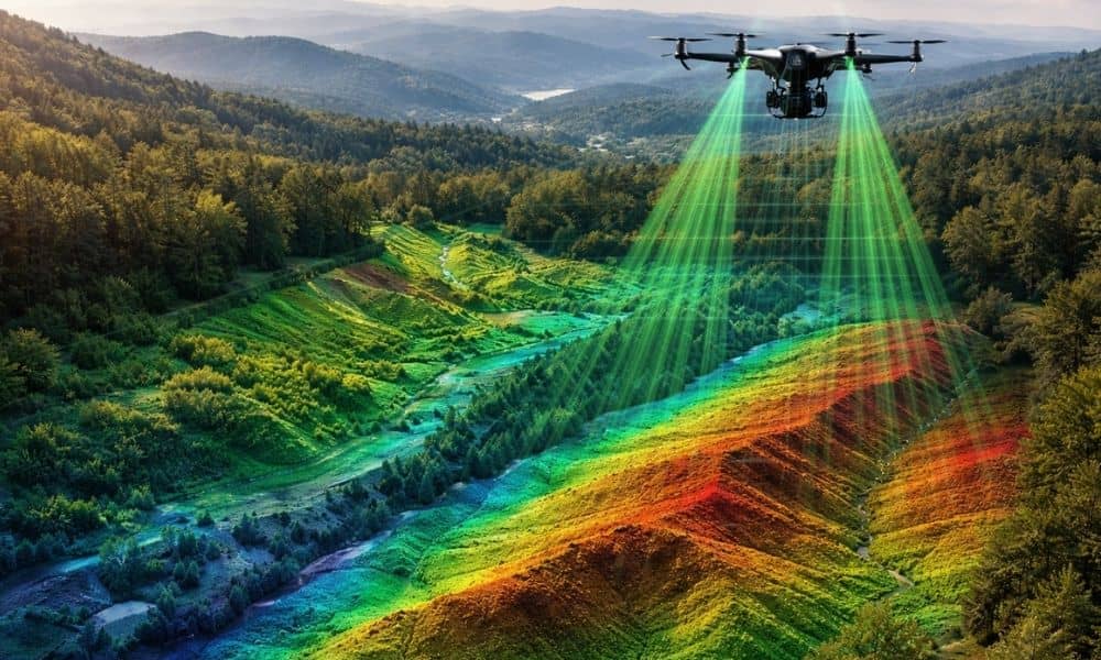 Drone capturing terrain data during lidar mapping to create a detailed land surface model