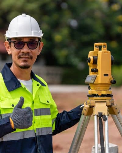 Professional land surveyor using equipment on site to measure and verify property boundaries during a lot survey