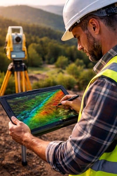 Surveyor reviewing terrain elevation data collected through lidar mapping to analyze land features and property conditions