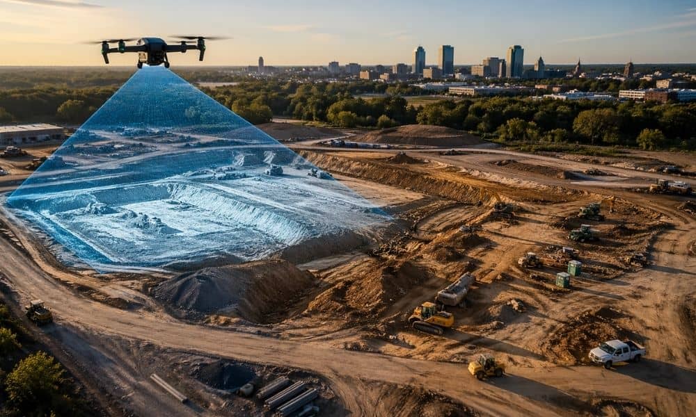 Aerial drone view of an active construction site showing terrain mapping and earthworks during early-stage site development