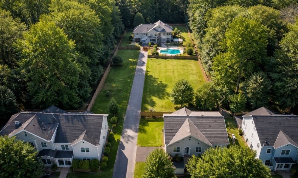 Aerial view showing land surveying used to check access for a flag lot with a narrow driveway leading to a back property