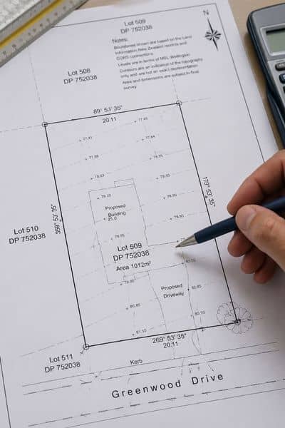 Example of a survey map showing property lines and measurements used to check site details before submission