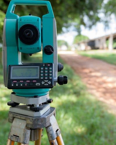 Survey equipment set up near a dirt driveway showing how land surveying helps check access to a back property