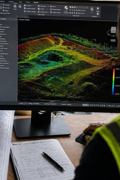 LiDAR point cloud visualization showing terrain data used for construction planning and site analysis