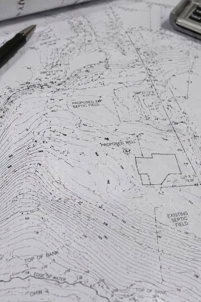 Topographic survey map showing elevation lines and land contours used for driveway planning
