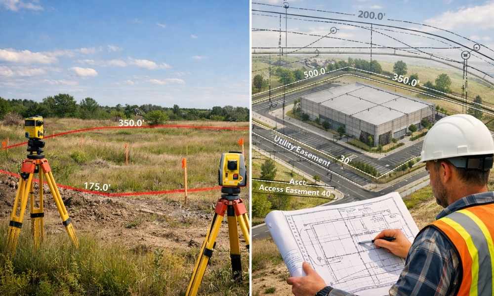 Surveyor reviewing a plat of survey as raw land is prepared for future commercial development