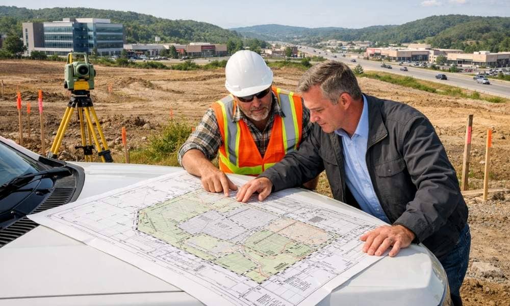 Professional land surveyor and commercial developer reviewing an ALTA land survey map at a commercial development site to evaluate property boundaries, easements, utilities, and buildable area