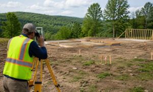 A surveyor from a land survey company measures a wooded lot prepared for new home construction in Bridgeport, WV