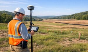 A land surveying professional uses GPS equipment to measure an undeveloped site before planning for future construction