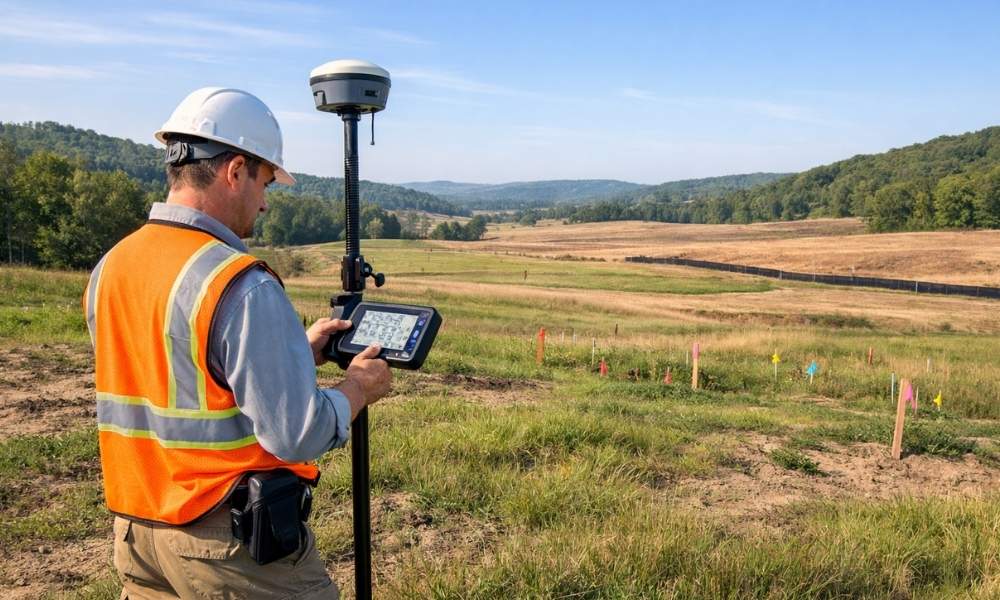 A land surveying professional uses GPS equipment to measure an undeveloped site before planning for future construction