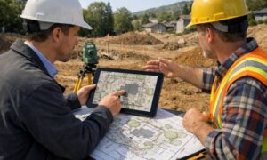Architect and land surveyor reviewing a topographic survey with contour lines and site plans during early project design at a construction site