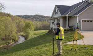 Surveyor collecting elevation data for an elevation certificate at a home in Bridgeport West Virginia