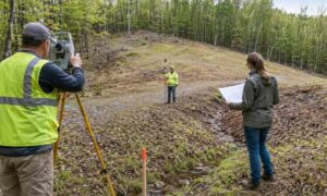 A surveyor completes a house survey while an architect reviews plans for a custom home in Bridgeport, West Virginia