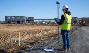 A land surveyor from one of the surveying companies in Bridgeport, Connecticut, collects site data at an active commercial development project